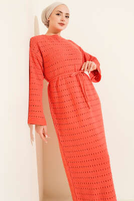 Pazarium - Yatay Ajurlu İp Kuşaklı Triko Elbise Gül Kurusu