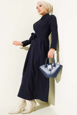 Pazarium - Boydan Düğmeli Pensli Kuşaklı Elbise Lacivert