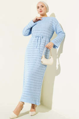 Pazarium - Yatay Ajurlu İp Kuşaklı Triko Elbise Bebe Mavi