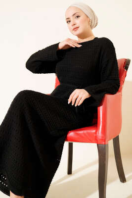 Pazarium - Yatay Ajurlu İp Kuşaklı Triko Elbise Siyah