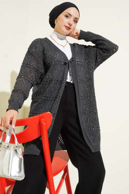 Pazarium - İp Bağlamalı Desenli Triko Hırka Antrasit