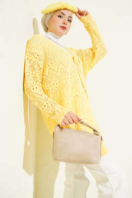 Pazarium - İp Bağlamalı Desenli Triko Hırka Sarı