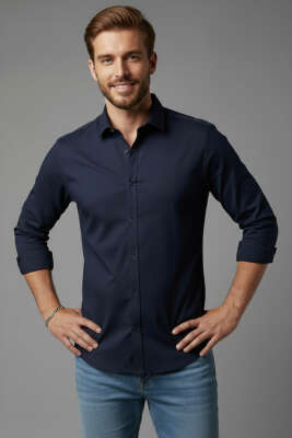 Pazarium - Slim Fit Pamuk Saten Erkek Gömlek Lacivert