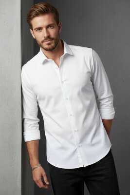 Pazarium - Slim Fit Pamuk Saten Erkek Gömlek Beyaz