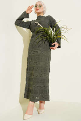 Pazarium - Şerit Ajur Desen Triko Elbise Haki