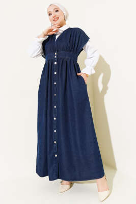 Pazarium - Metal Düğmeli Kolsuz Kot Elbise Lacivert