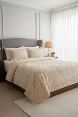 Pazarium - 3 Parça Yakut Çift Kişilik Pike Takımı Cappuccino