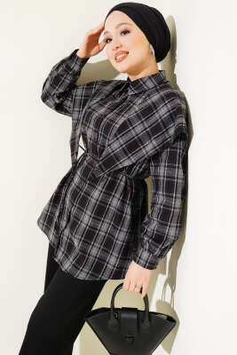 Pazarium - Şal Detaylı Ekoseli Gömlek Siyah