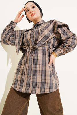 Pazarium - Şal Detaylı Ekoseli Gömlek Bej