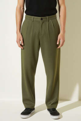 Pazarium - Pamuklu Baggy Erkek Kumaş Pantolon Haki