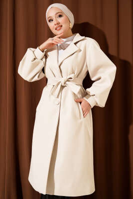 Kruvaze Yaka Balon Kol Kuşaklı Kaşe Kaban Taş - Thumbnail