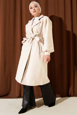 Kruvaze Yaka Balon Kol Kuşaklı Kaşe Kaban Taş - Thumbnail