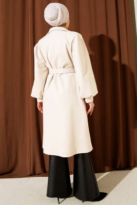 Kruvaze Yaka Balon Kol Kuşaklı Kaşe Kaban Taş - Thumbnail