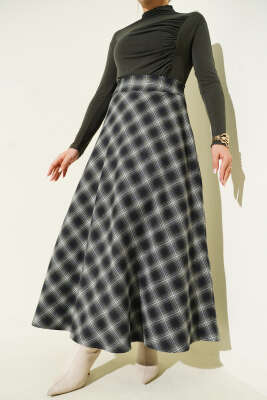 Pazarium - Beli Fermuarlı Ekoseli Çan Etek Haki