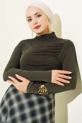 Pazarium - Yan Büzgülü Dik Yaka Sandy Bluz Haki