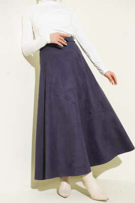 Pazarium - Süet Bel Fermuarlı Çan Etek Lacivert