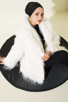 Pazarium - Kruvaze Yaka Kürklü Mont Ekru