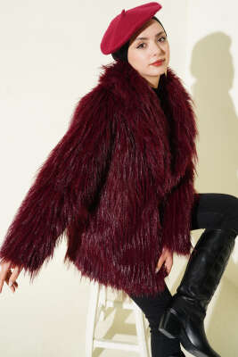 Pazarium - Kruvaze Yaka Kürklü Mont Bordo