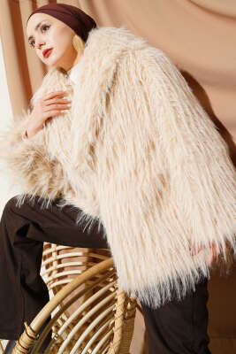 Pazarium - Kruvaze Yaka Kürklü Mont Bej