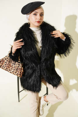 Pazarium - Kruvaze Yaka Kürklü Mont Siyah
