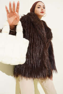 Pazarium - Kruvaze Yaka Kürklü Mont Acı Kahve