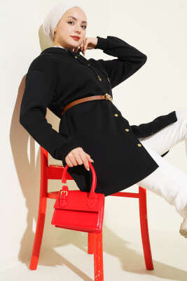 Pazarium - Çıtçıtlı Kemerli Üç İplik Hırka Siyah