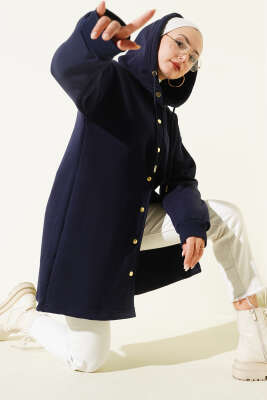 Pazarium - Çıtçıtlı Kemerli Üç İplik Hırka Lacivert