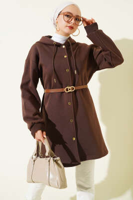 Pazarium - Çıtçıtlı Kemerli Üç İplik Hırka Kahve