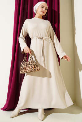 Pazarium - Bisiklet Yaka Bel Tünel Detaylı Elbise Bej