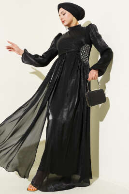 Pazarium - Yan Taş Detaylı Büzgülü Abiye Elbise Siyah