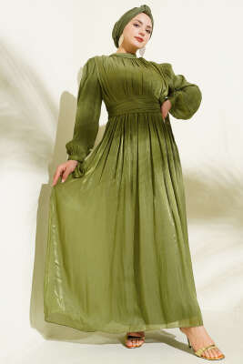 Pazarium - Bilek Bağlamalı Kuşaklı Abiye Elbise Haki