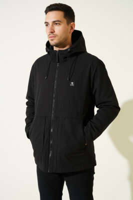 Pazarium - Fermuarlı Kapüşonlu Erkek Mevsimlik Mont Siyah
