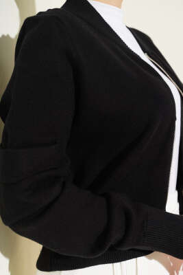 Fermuarlı Kısa Triko Hırka Siyah - Thumbnail