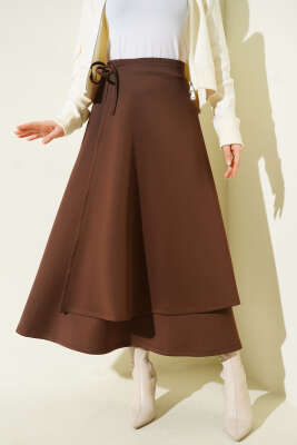 Pazarium - Parça Detaylı Bağlamalı Scuba Etek Kahve