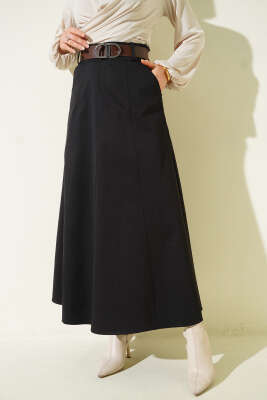 Pazarium - Kemerli Çift Cepli Kloş Etek Siyah