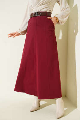 Pazarium - Kemerli Çift Cepli Kloş Etek Bordo