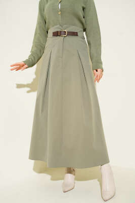 Pazarium - Kemer Tokalı Düğmeli Etek Haki