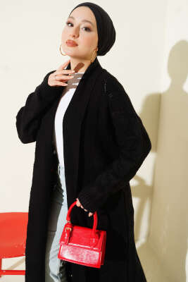 Şal Yaka Örgü Desenli Uzun Triko Hırka Siyah - Thumbnail