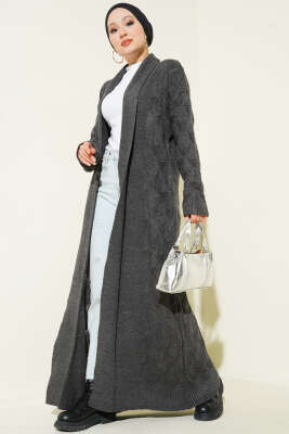 Şal Yaka Örgü Desenli Uzun Triko Hırka Füme - Thumbnail