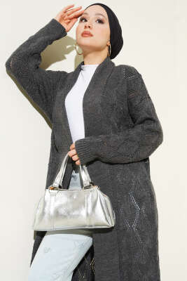 Şal Yaka Örgü Desenli Uzun Triko Hırka Füme - Thumbnail