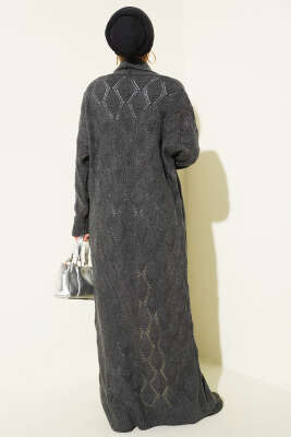 Şal Yaka Örgü Desenli Uzun Triko Hırka Füme - Thumbnail