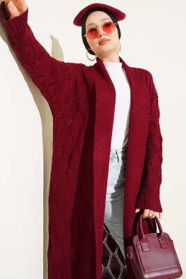 Şal Yaka Örgü Desenli Uzun Triko Hırka Bordo - Thumbnail