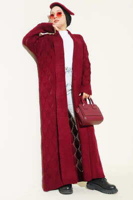 Şal Yaka Örgü Desenli Uzun Triko Hırka Bordo - Thumbnail