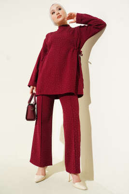 Pazarium - Yan Tünelli Taş Süslemeli İkili Takım Bordo
