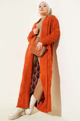 Pazarium - Şal Yaka Örgü Desenli Uzun Triko Hırka Kiremit