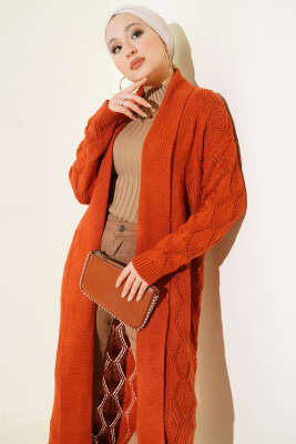 Şal Yaka Örgü Desenli Uzun Triko Hırka Kiremit - Thumbnail