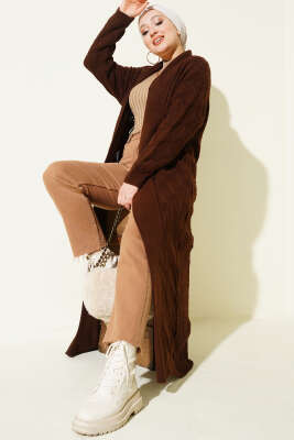 Şal Yaka Örgü Desenli Uzun Triko Hırka Kahve - Thumbnail