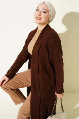 Şal Yaka Örgü Desenli Uzun Triko Hırka Kahve - Thumbnail