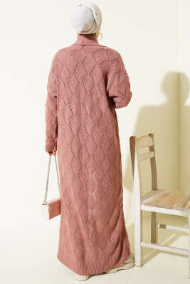 Şal Yaka Örgü Desenli Uzun Triko Hırka Gül Kurusu - Thumbnail