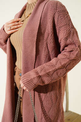 Şal Yaka Örgü Desenli Uzun Triko Hırka Gül Kurusu - Thumbnail